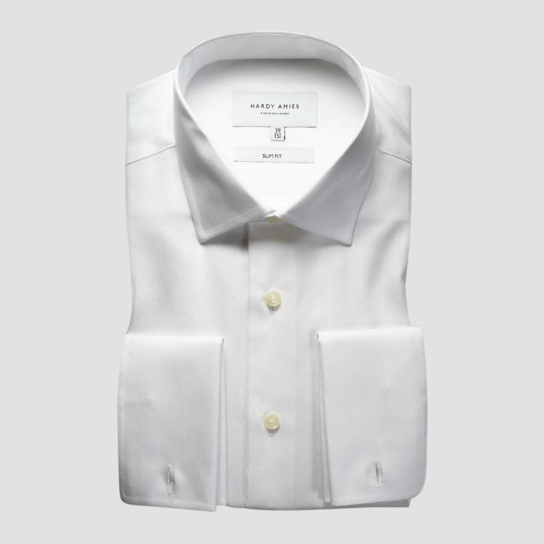 Hardy Amies Slim Fit French Cuff Herringbone Shirt in White