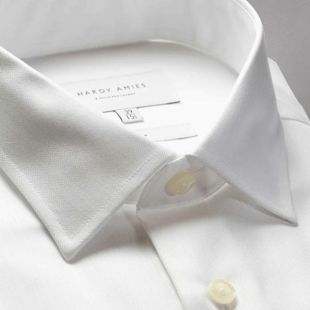 Hardy Amies Slim Fit Mens Herringbone Shirt in White Pure Cotton