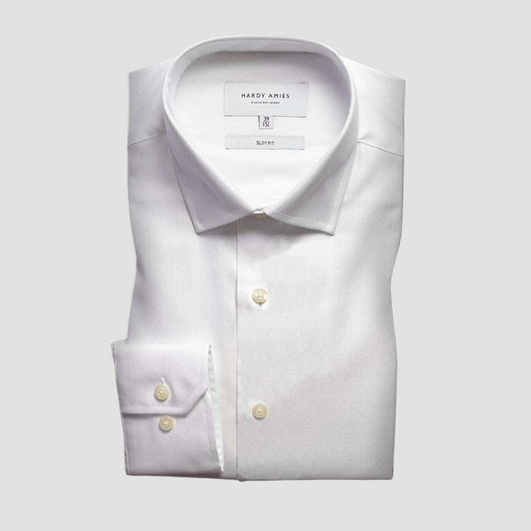 Hardy Amies Slim Fit Mens Herringbone Shirt in White Pure Cotton