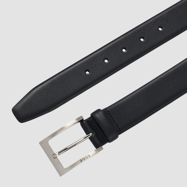 Hugo Boss Barnabie Mens Leather Belt with Brushed Silver Hardware in Black