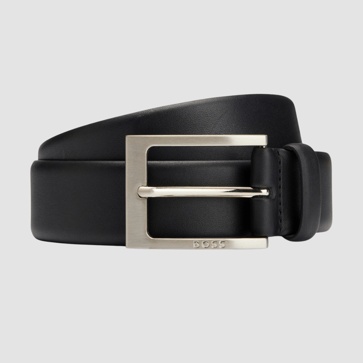 Hugo Boss Barnabie Mens Leather Belt with Brushed Silver Hardware in Black