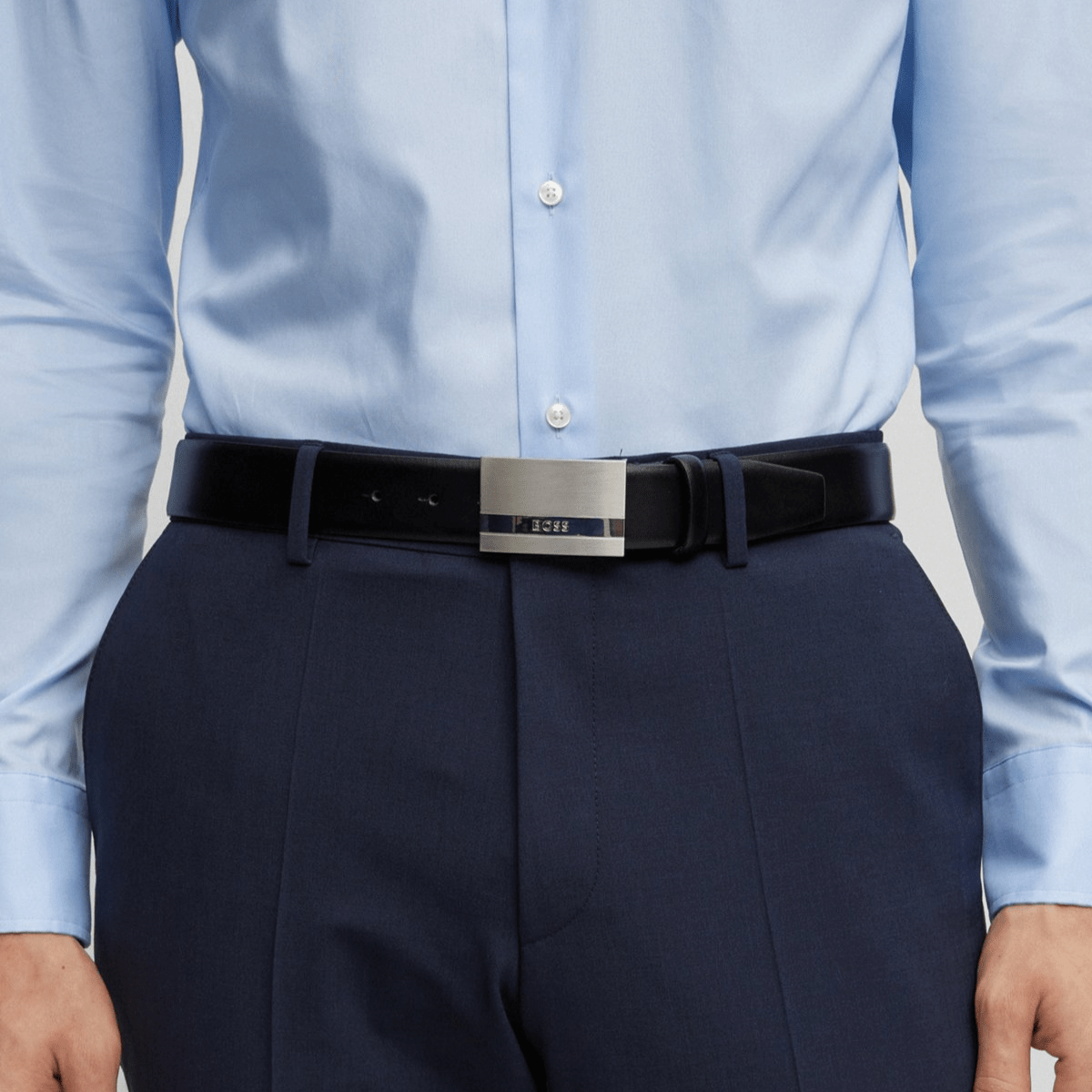 Hugo Boss Baxton Mens Leather Belt with Plaque Buckle in Black