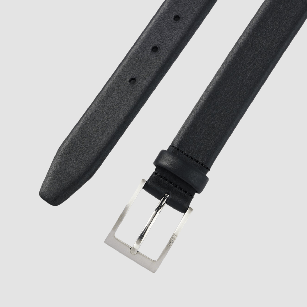 Hugo Boss Brondon Mens Leather Belt with Brushed Silver Hardware in Black