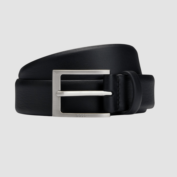 Hugo Boss Brondon Mens Leather Belt with Brushed Silver Hardware in Black