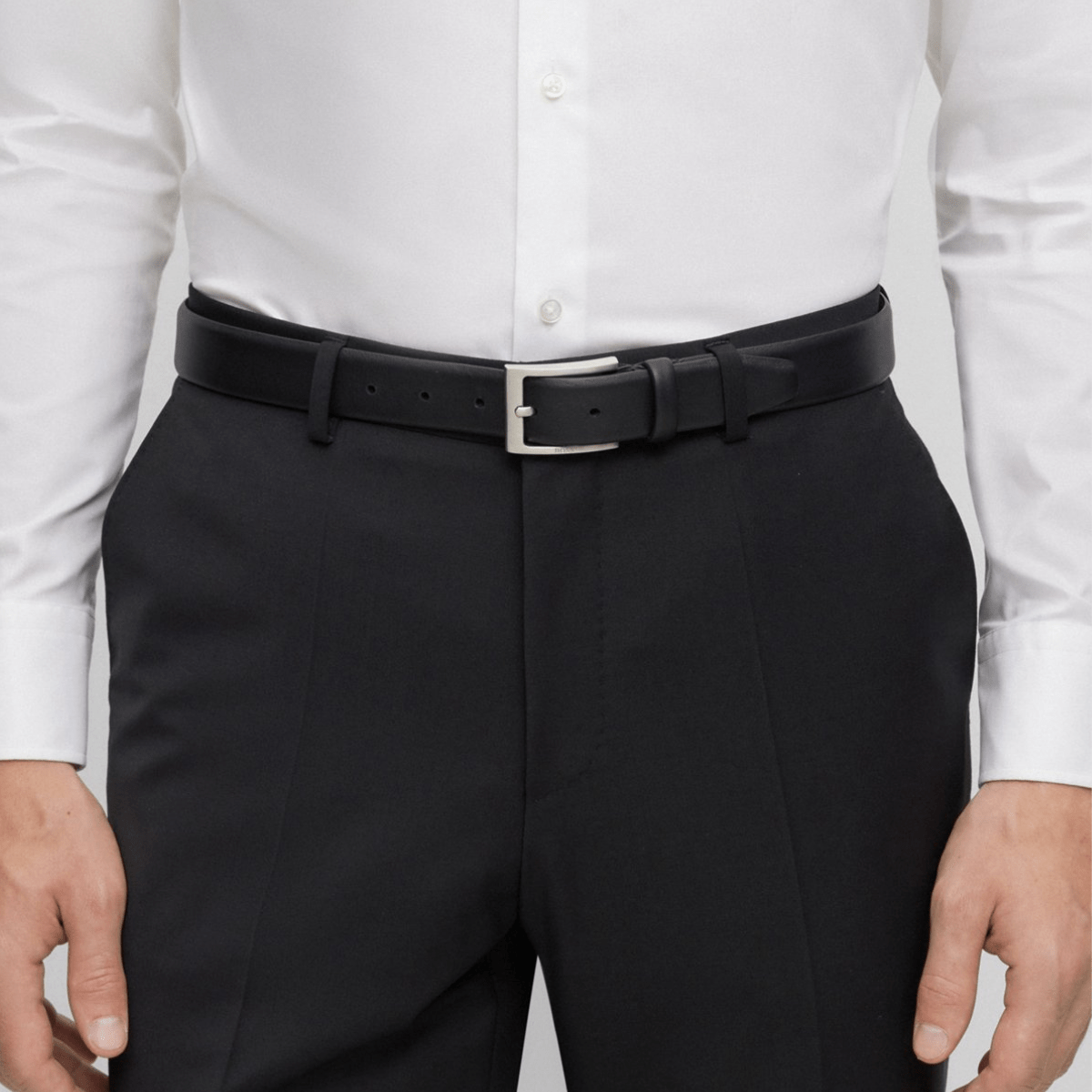 Hugo Boss Brondon Mens Leather Belt with Brushed Silver Hardware in Black