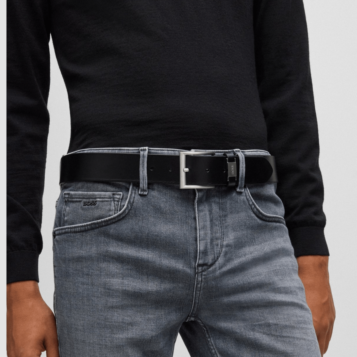 Hugo Boss Connio Mens Leather Belt with Branded Metal Trim in Black