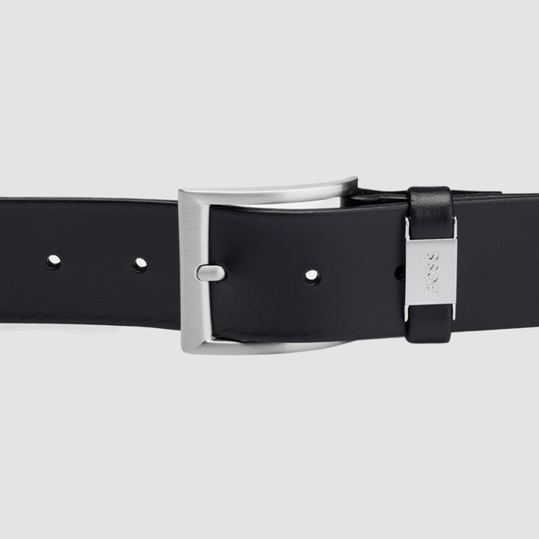 Hugo Boss Connio Mens Leather Belt with Branded Metal Trim in Black