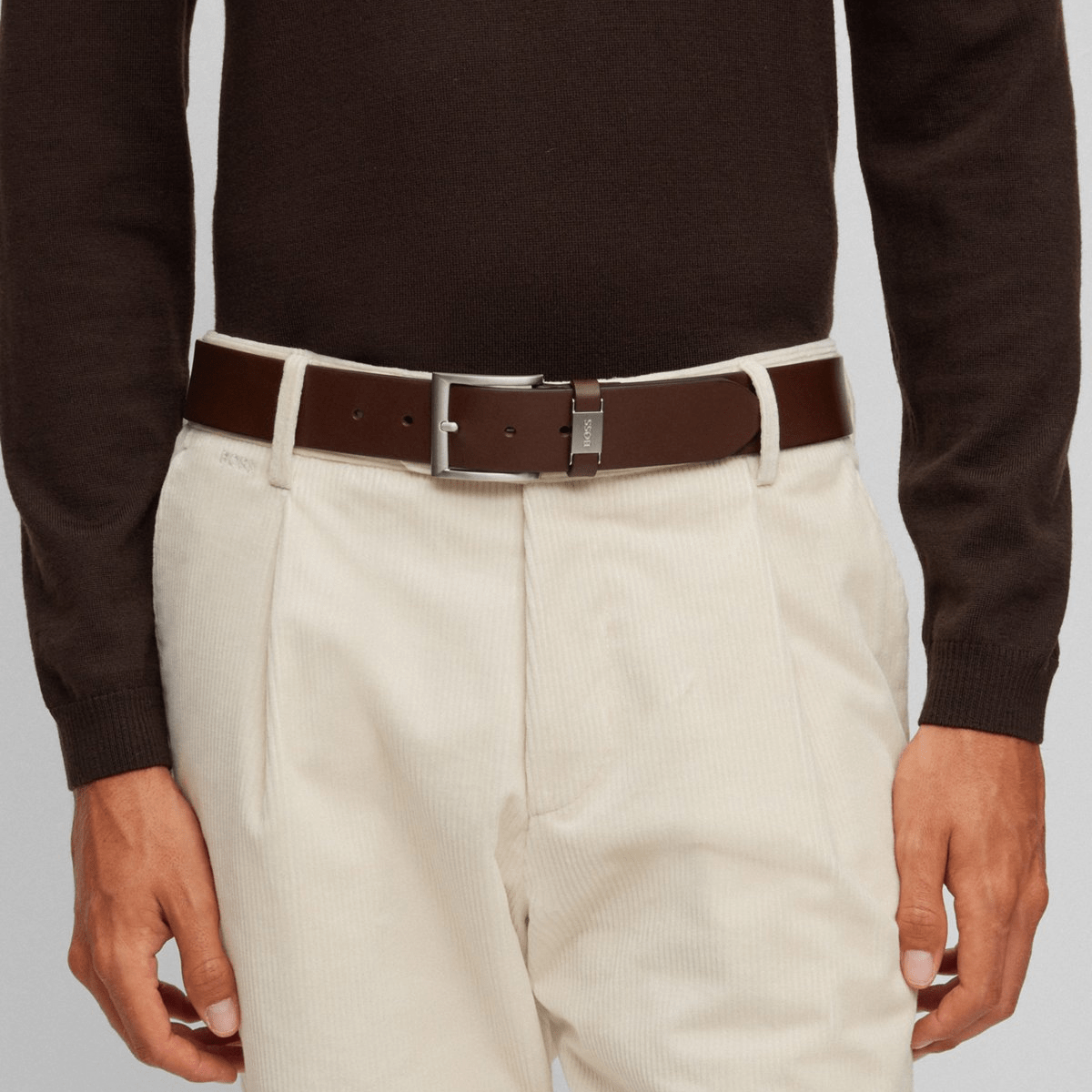 Hugo Boss Connio Mens Leather Belt with Branded Metal Trim in Dark Brown
