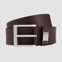 Hugo Boss Connio Mens Leather Belt with Branded Metal Trim in Dark Brown