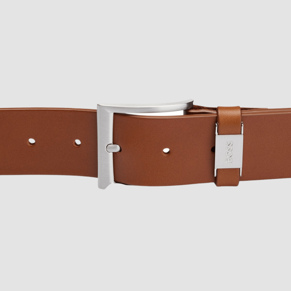 Hugo Boss Connio Mens Leather Belt with Branded Metal Trim in Medium Brown