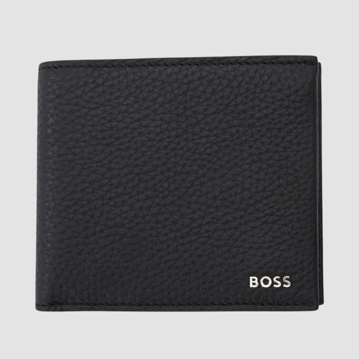 Hugo Boss Crosstown wallet in soft Italian black leather with silver logo detailing, card slots, and full lining.