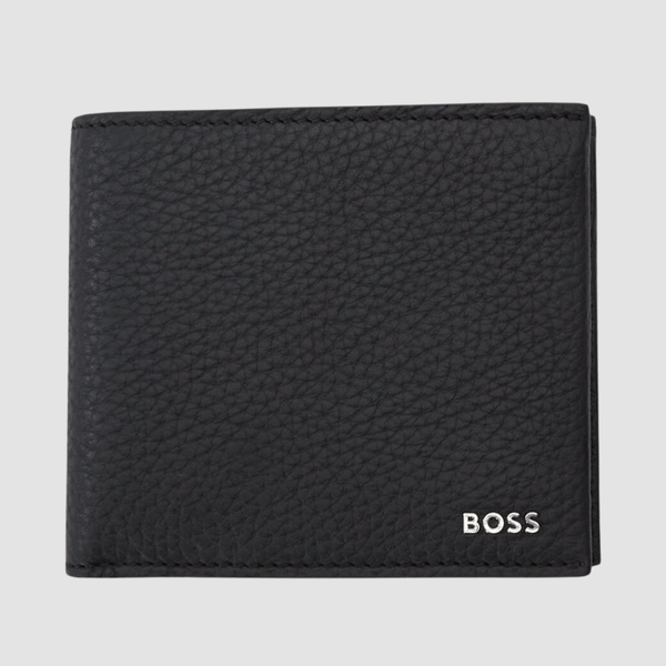 Hugo Boss Crosstown wallet in soft Italian black leather with silver logo detailing, card slots, and full lining.