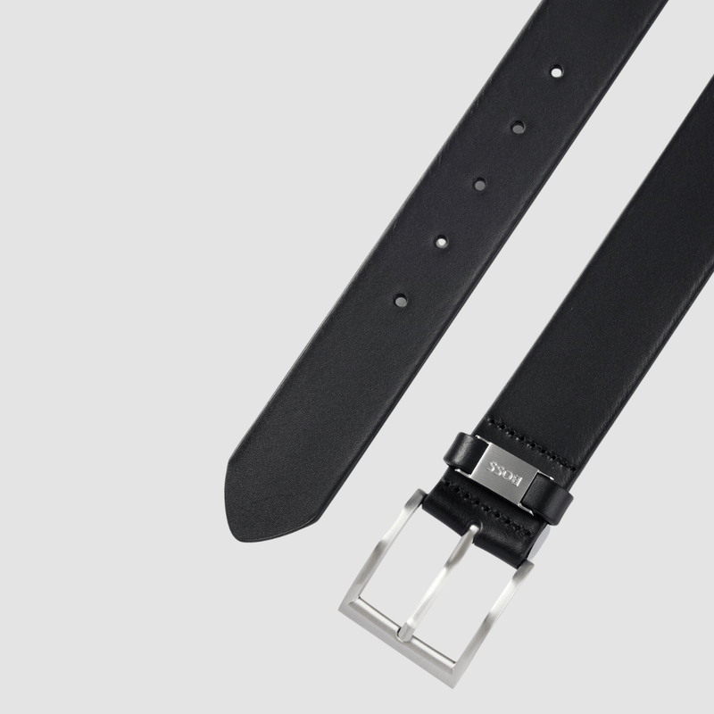 Hugo Boss Connio Mens Leather Belt with Branded Metal Trim in Black