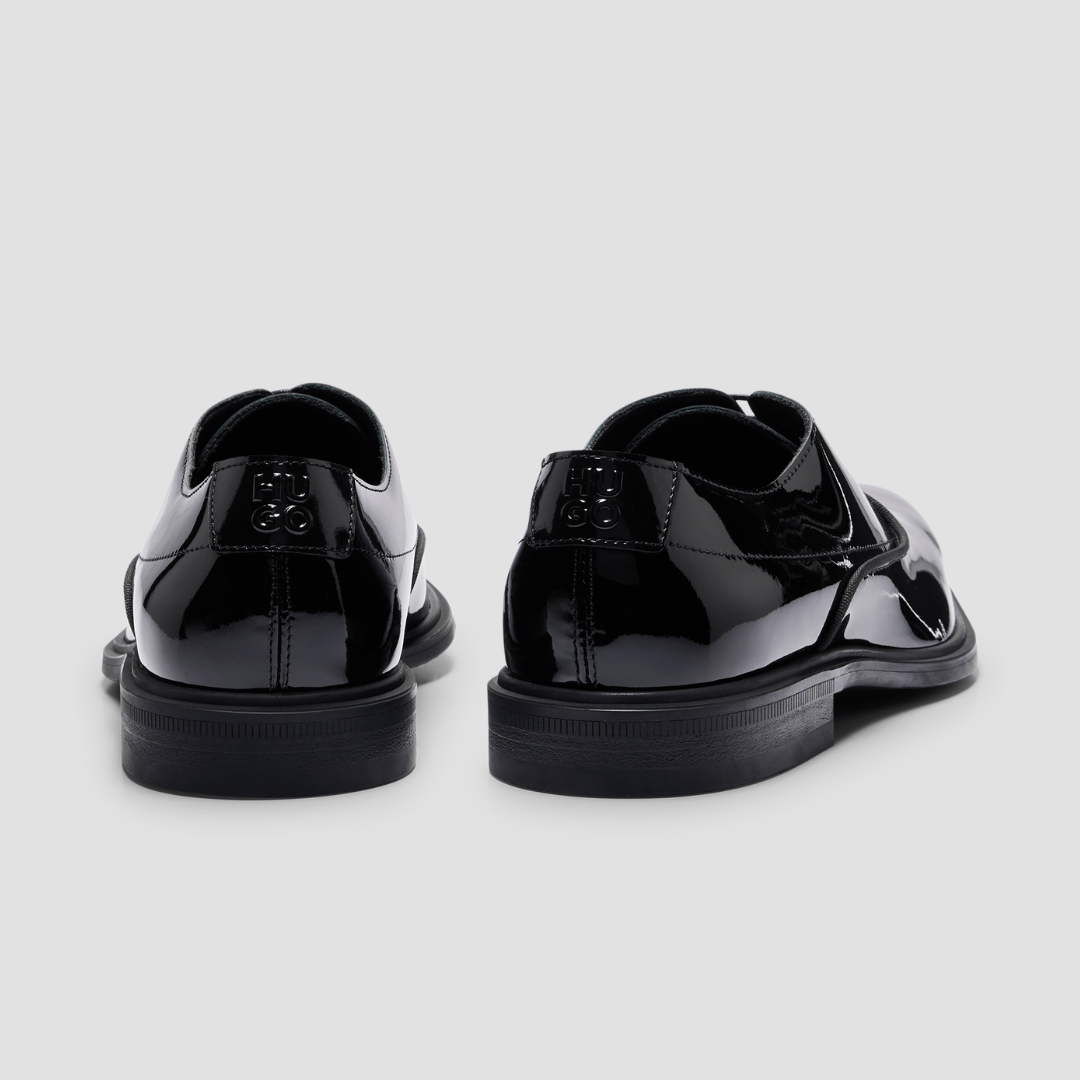 Hugo Boss Oxford Dress Shoes with Stacked Logo in Patent Black Leather