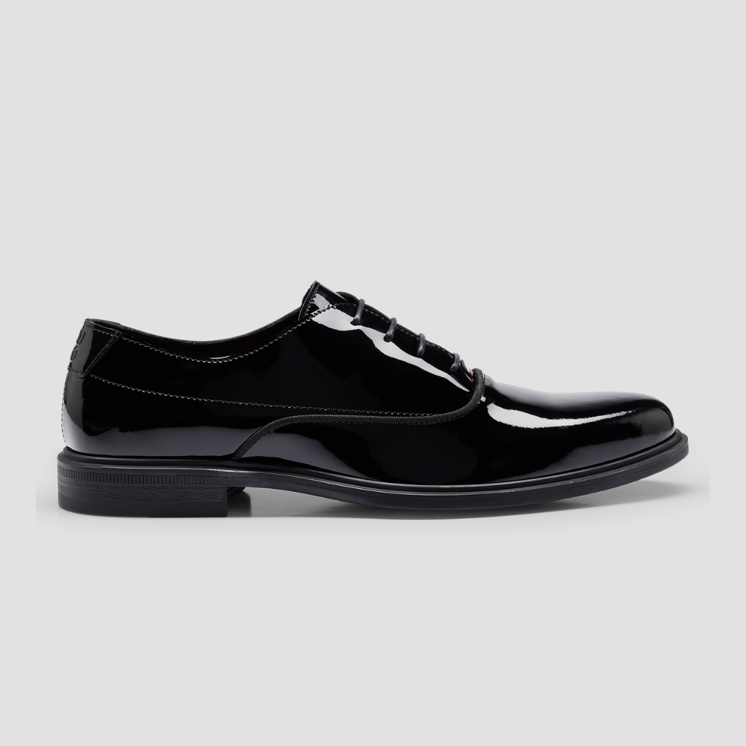Hugo Boss Oxford Dress Shoes with Stacked Logo in Patent Black Leather