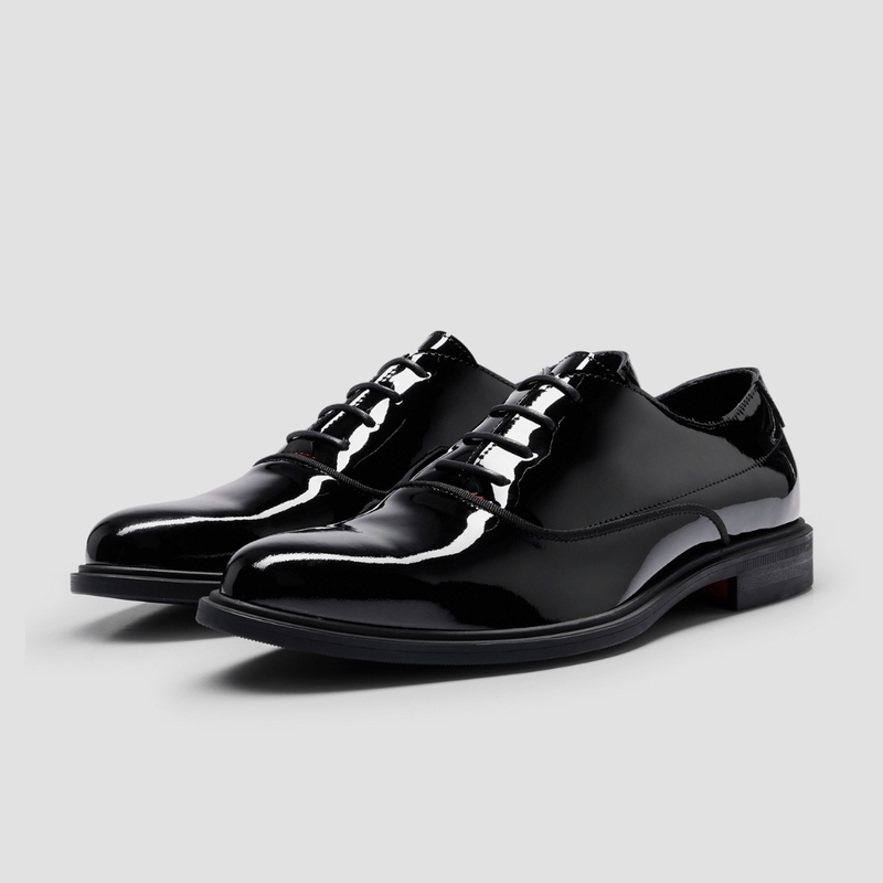 Hugo Boss Oxford Dress Shoes with Stacked Logo in Patent Black Leather Mens Suit Warehouse Melbourne