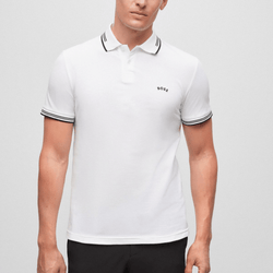 Hugo Boss Paul Curved Logo Slim Fit Polo in White Stretch-Cotton Pique