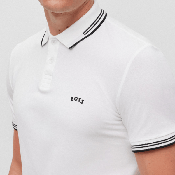 Hugo Boss Paul Curved Logo Slim Fit Polo in White Stretch-Cotton Pique