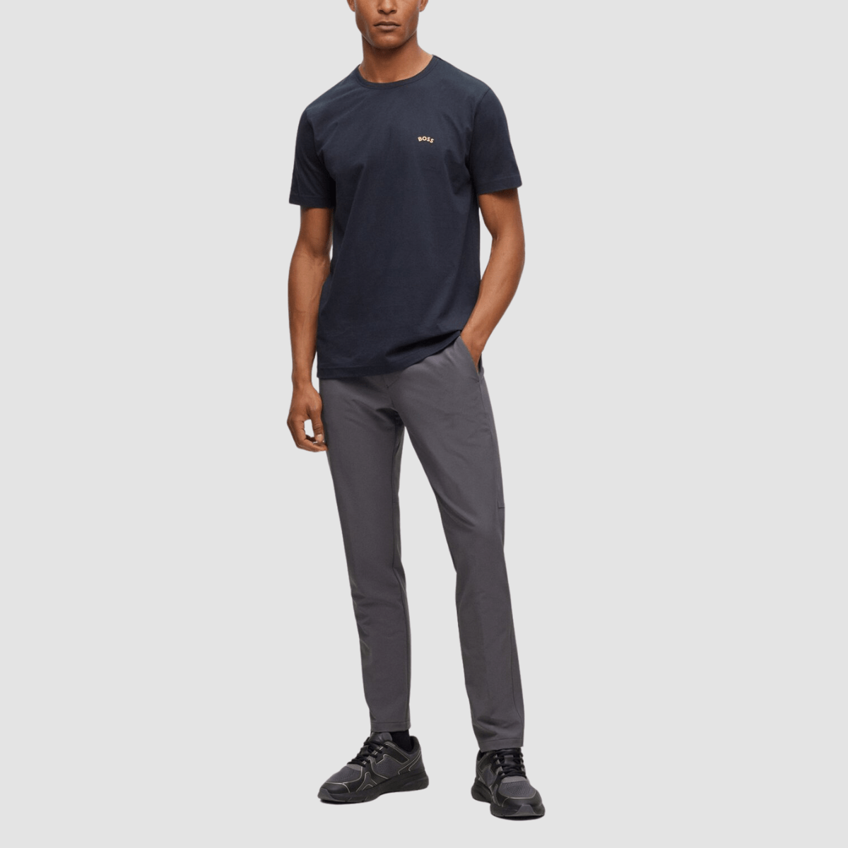 Boss Mens Classic Fit Cotton T-Shirt with Curved Logo in Dark Blue