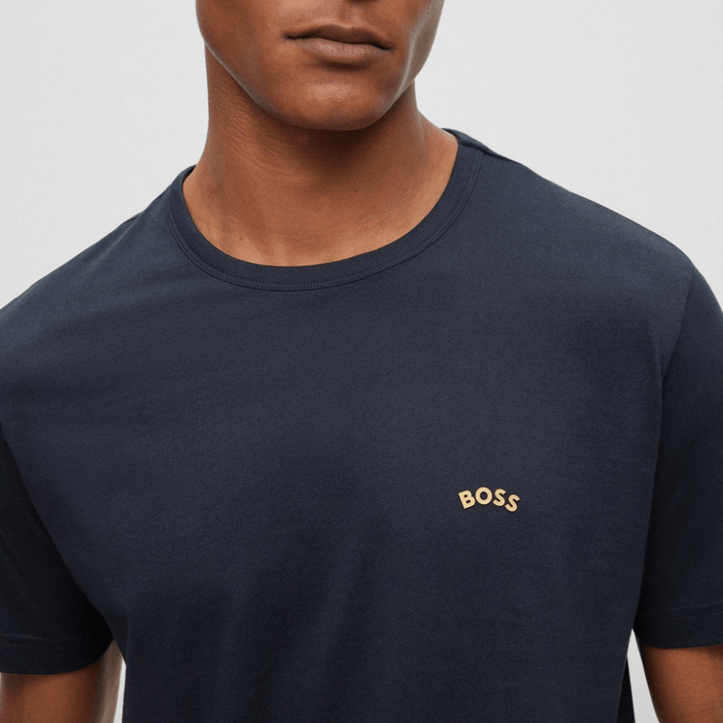 Hugo Boss Mens Classic Fit Cotton T-Shirt with Curved Logo in Dark Blue