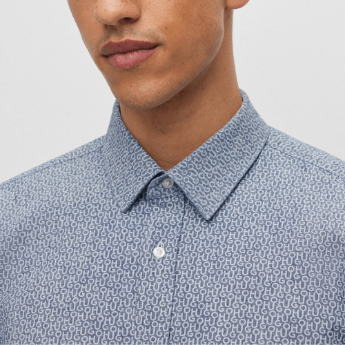 Hugo Slim Fit Elisha02 Shirt in Blue Logo-Print