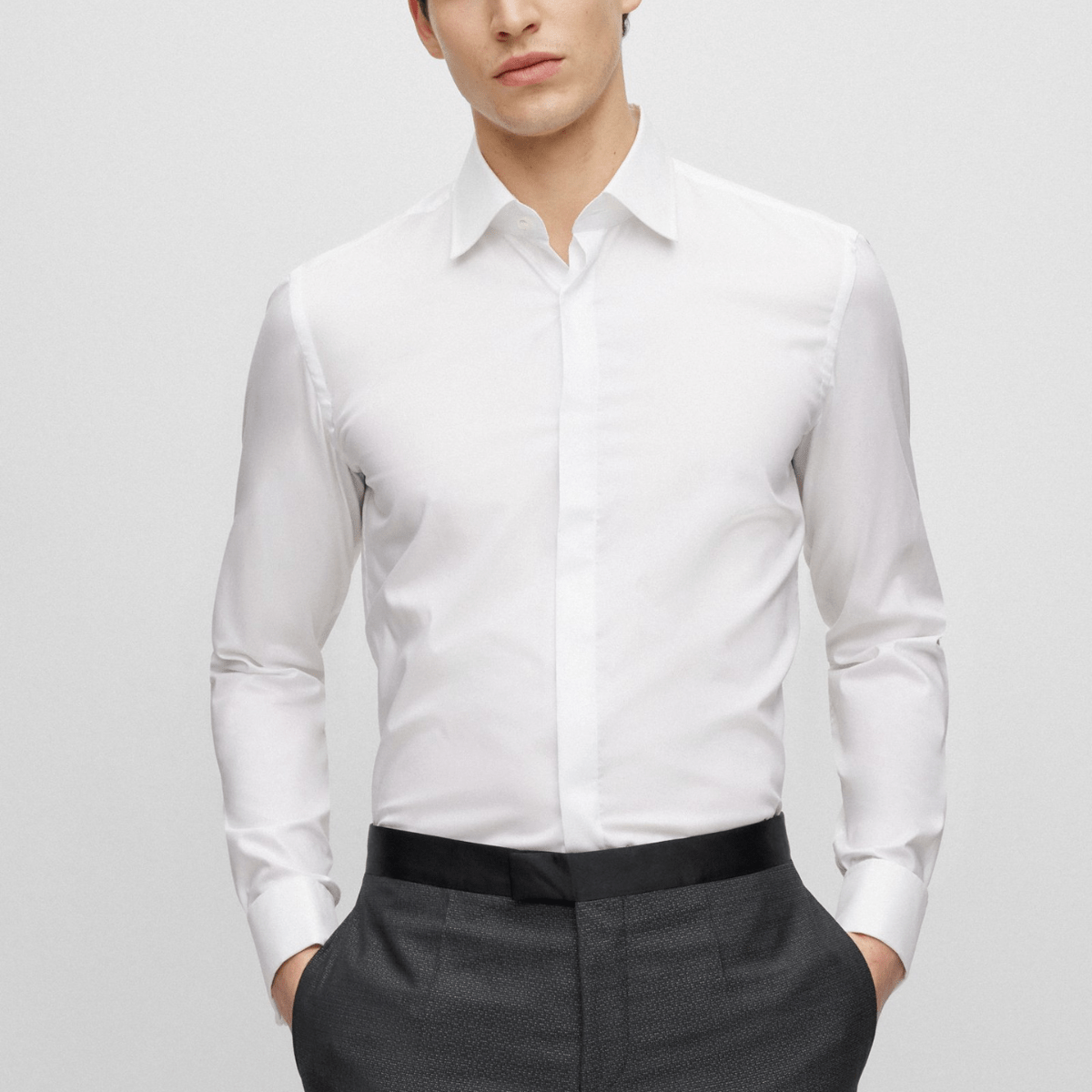 Boss Slim Fit Hank Tuxedo Dress Shirt in White – Mens Suit Warehouse