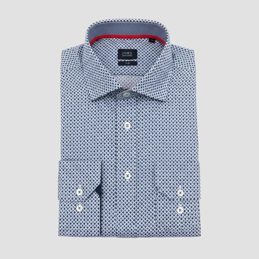 blue patterned shirt