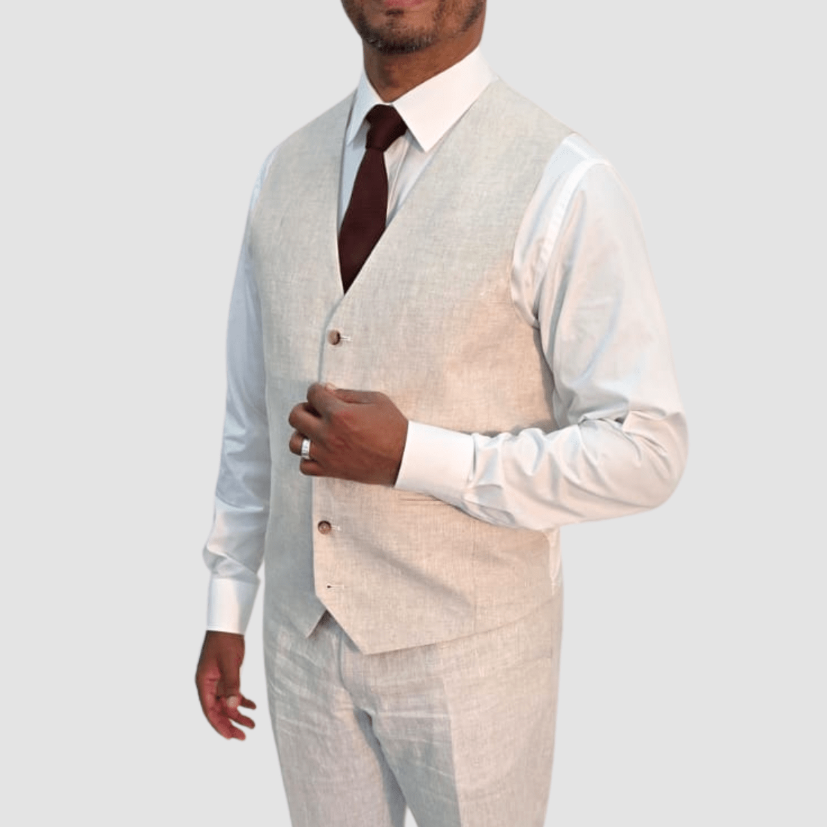 Jenson Mens Slim Fit Marc Linen Vest in Beige