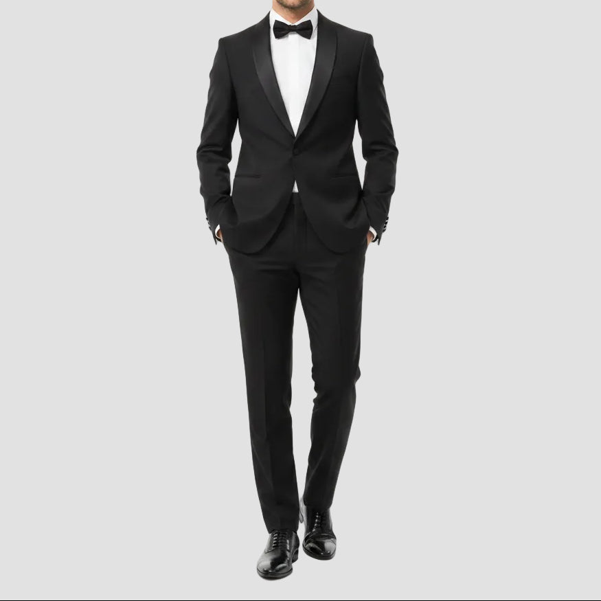 Black tuxedo jacket with satin lapels against a white background