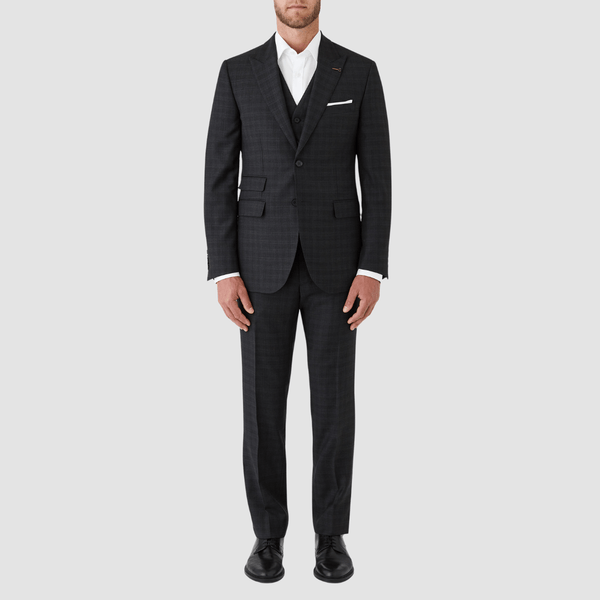 Joe Black Tailored Fit Convoy Suit in Charcoal Check Pure Wool