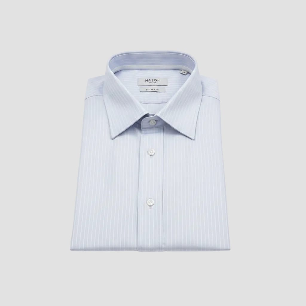 Gray striped dress shirt with 'MASON' label on a blurred background