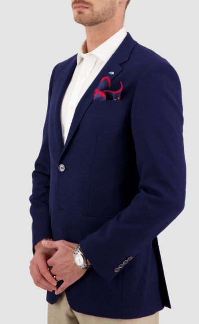 Savile Row Abram Navy Wool Jacket—slim fit, textured Merino wool, notch lapel.