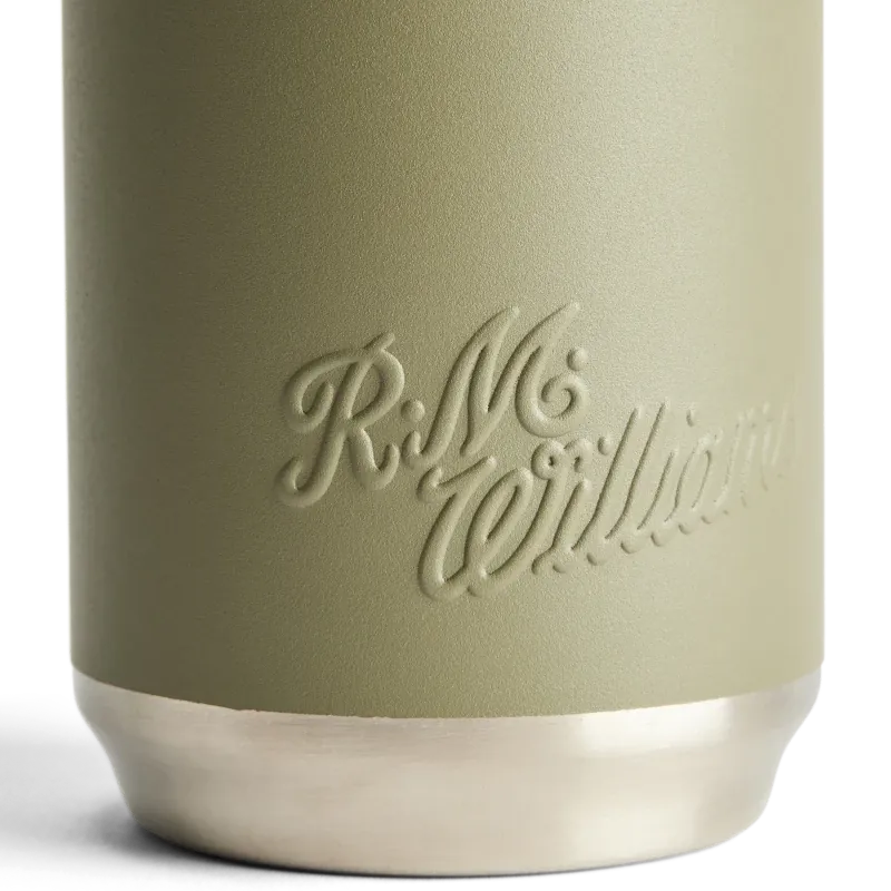 Close-up of a matte sage green insulated tumbler with an embossed 'R.M.