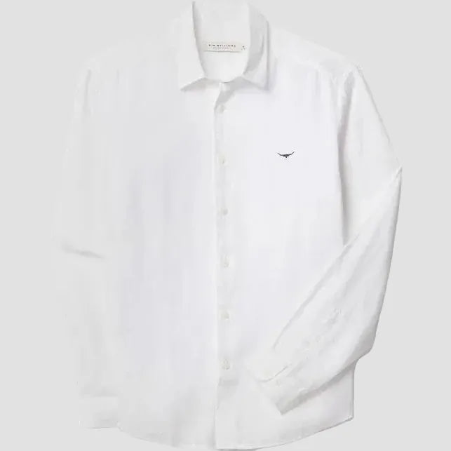 White dress shirt with a small logo on a white background