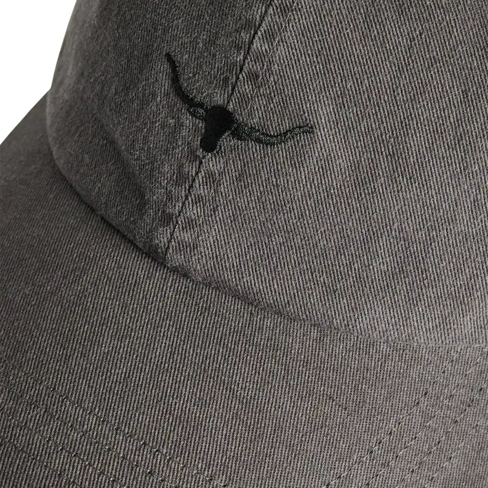 Close-up of a dark gray textured baseball cap featuring a black embroidered longhorn logo on the front panel.