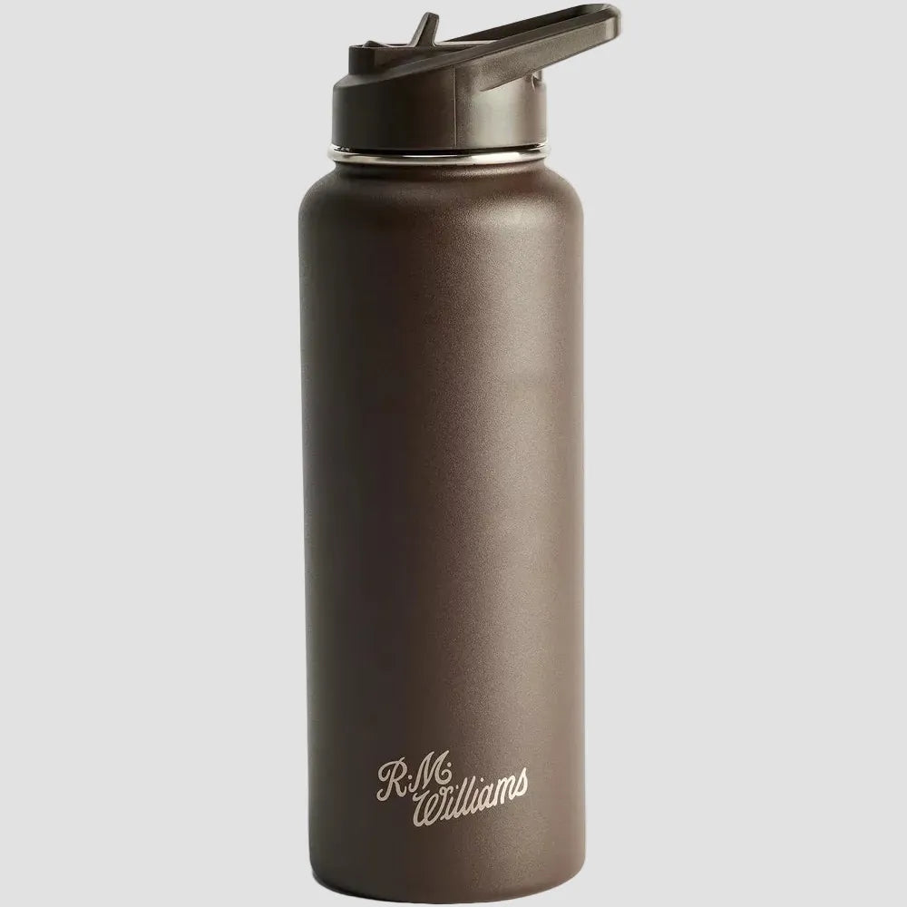 A dark brown matte insulated water bottle with a flip-top lid, featuring the 'R.M.