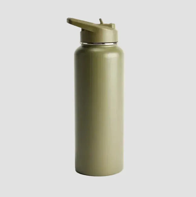 An olive green insulated water bottle with a matching flip-top lid, shown on a plain cream background.