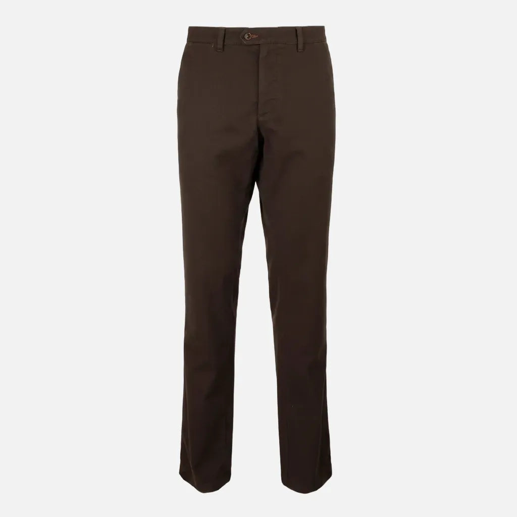 A pair of dark brown straight-leg trousers shown flat against a plain white background.