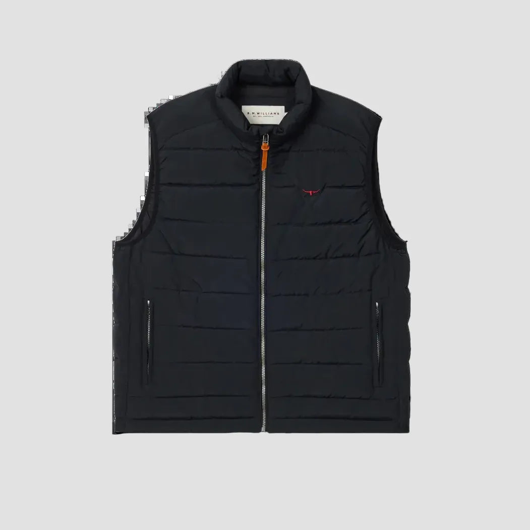 Black puffer vest with orange zipper on a white background