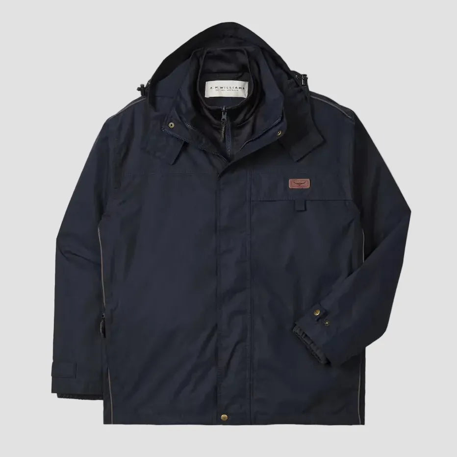Navy blue jacket with a hood on a light gray background