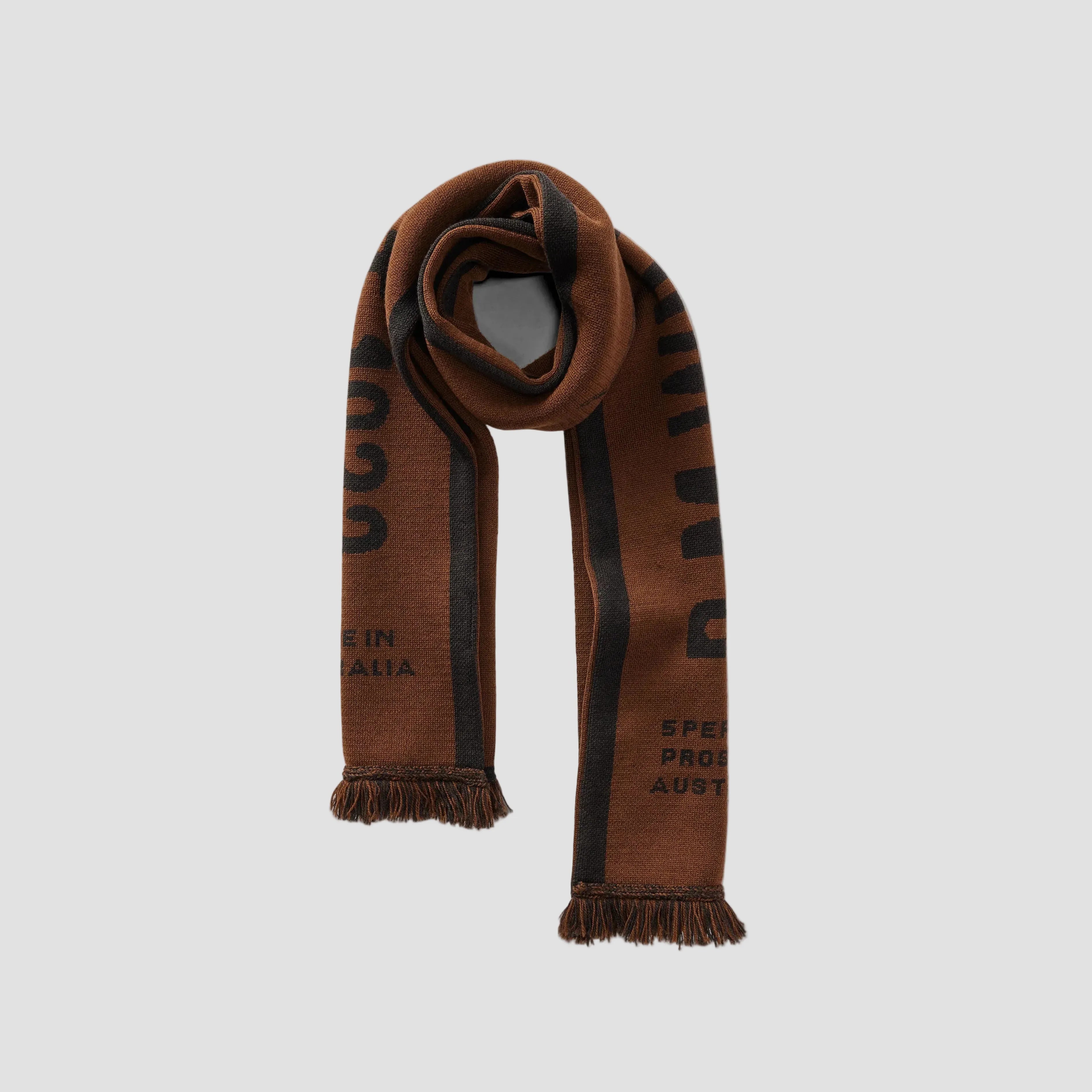 Brown scarf with black text on a white background