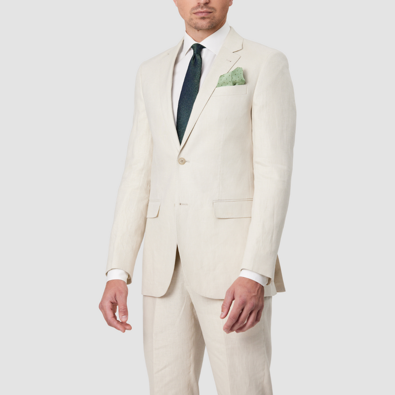 Side view details of the Savile Row Tailored Fit Mens Abram Linen Suit in Beige