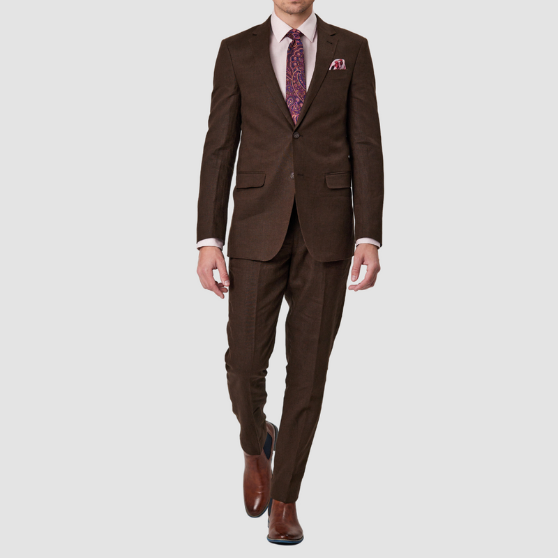 Front view of the Savile Row Tailored Fit Mens Abram Linen Suit in Brown