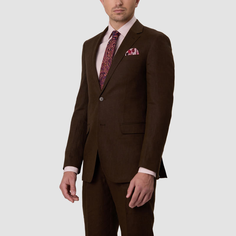 Side view of the Savile Row Tailored Fit Mens Abram Linen Suit in Brown