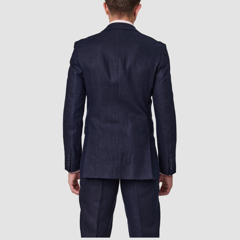 Back details of the Savile Row Tailored Fit Mens Abram Linen Suit in Navy