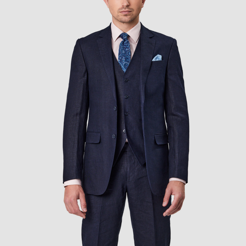 Closer look at the details of the Savile Row Tailored Fit Mens Abram Linen Suit in Navy