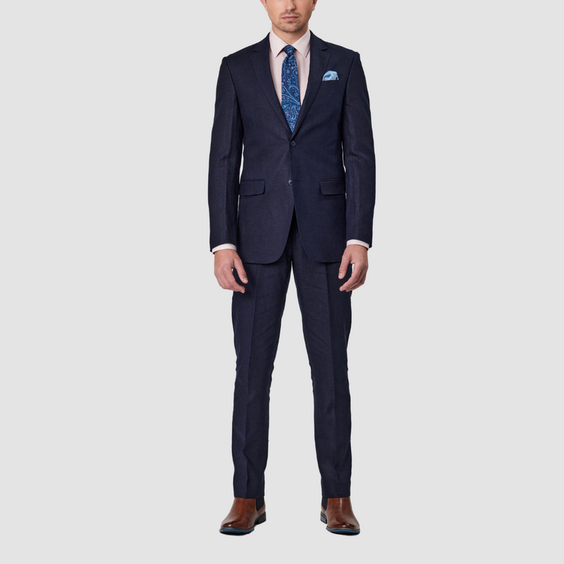 Front view of the Savile Row Tailored Fit Mens Abram Linen Suit in Navy