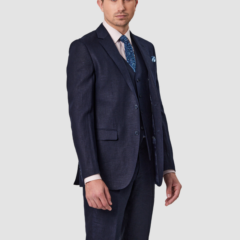 Side view of the Savile Row Tailored Fit Mens Abram Linen Suit in Navy