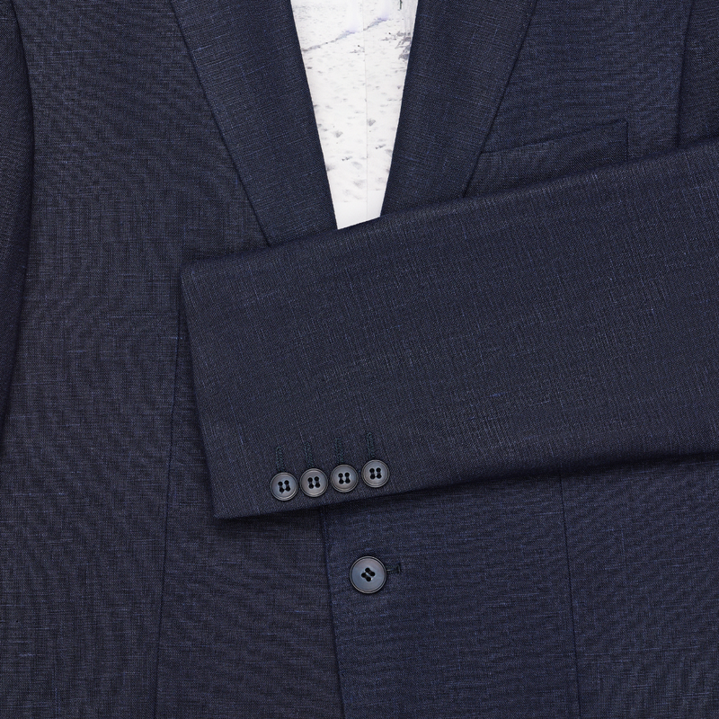 Cuff and button details of the Savile Row Tailored Fit Mens Abram Linen Suit in Navy