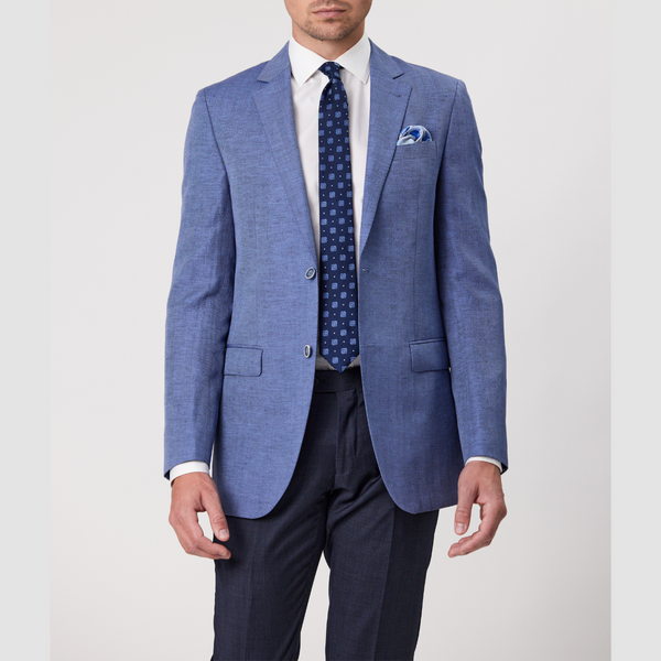 Front view of the Savile Row Tailored Fit Mens Abram Suit Jacket in Sky Linen